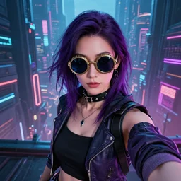 a selfie of a girl that has dark purple hair, wearing steampunk sunglasses in cyberpunk clothes, with the her in the middle of a cyberpunk city, digital art