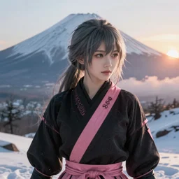 portrait grey hair ninja gaiden girl, black plus little pink ninja wardrobe, at snowy fuji mountain sunrise, ssci - fi and fantasy, intricate and very very beautiful, detailed, digital painting, artstation, concept art, smooth and sharp focus, illustration, art by tian zi and wlop and alphonse mucha