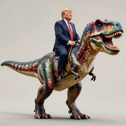 Photograph of president Donald Trump riding a full body T-Rex, ultra realistic, intricate details, highly detailed, photorealistic