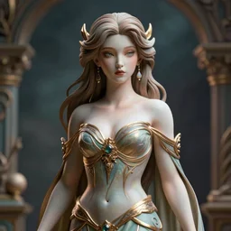 a beautiful goddess dreamy eyes, lusty full body, ornated, intricate fabric gown, portrait 3 d figurine, octane render, 8 k, artstation, unreal engine, art nouveau, cinematic setting, hd, realistic fantasy background