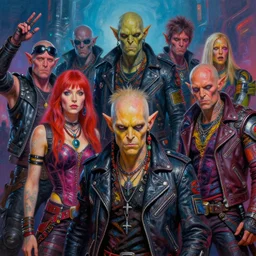 cinematic shot of an apocalyptic scifi orcish biker gang, group photo, perfect faces, psychedelic vibrant colors, futuristic punk rock fashion, highly detailed oil painting by ( ( ( michael whelan ) ) ) art, dynamic poses, sharp focus, detailed eyes, hyperrealistic, leather jacket, 8 k cover art
