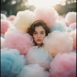 An vintage analog head and shoulder frontal face portrait photography of a woman surrounded by thousand! fluffy soft giant! oversized pastel colorful cotton balls by tim walker. Kodak Portra 800 film. shallow depth of field. (Depth of field). whirl bokeh!!. Golden hour. detailed. hq. realistic. warm light. muted colors. Filmic. Dreamy. lens flare. Mamiya 7ii, f/1.2, symmetrical balance, in-frame