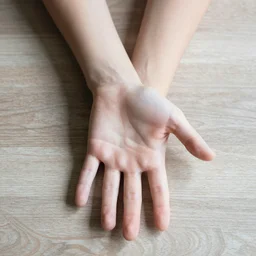 looking down at my left and right hands. my right hand is open with the palm facing down towards the table