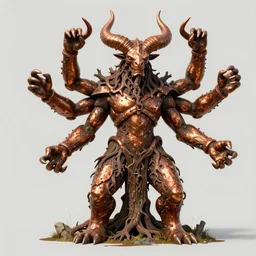 Rusted copper four armed colossus, character design sheet, Monster Hunter Illustrations art book, giant, trees growing on its body, enormous hands, long limbs, horns on its head, bright pale blue eyes, Moebius, Greg Rutkowski, Zabrocki, Karlkka, Jayison Devadas, Phuoc Quan, trending on Artstation, 8K, ultra wide angle, zenith view, pincushion lens effect.