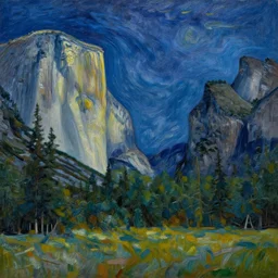 yosemite national park at night, painting by van gogh, oil paint,