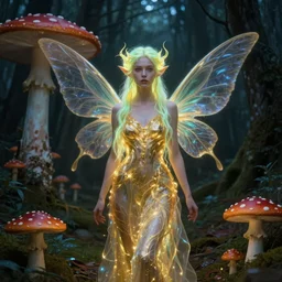 stunningly beautiful female faerie priestess in amanita muscaria forest landscape, symmetrical wings on back, neon hair, fantasy art, wearing a dress of gossamer gold, inner glow, dark light night, face by otto schmidt, sharp focus, digital painting, 4 k, concept art, art by greg rutkowski and alphonse mucha, brom,