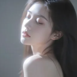 photorealistic portrait of a beautiful young woman, very blurry, out of focus, translucent stone white skin, closed eyes, foggy, closeup, hair on shoulder