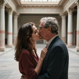 out of focus, dof portrait of a kiss, photography by saul leiter and ernst haas in an empty decorated pompeii court, airforce blue, red, bright pale green