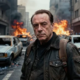 post - apocalyptic city streets, close - up shot of silvio berlusconi dressed in scavenger gear, burned cars, explosions, colorful smoke, hyperrealistic, gritty, damaged, dark, urban photography, photorealistic, high details