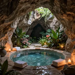 cozy, hotspring hidden in a cave, candlelight, towels, cushions, natural light, lush plants and flowers, elegant, smooth cave rock, fantasy, atmospheric lighting, digital painting, Greg Rutkowski concept art