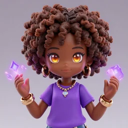 ! dream nendoroid black girl with [ curly ] brown hair and amber eyes wearing a purple t shirt, african american, jewelry and magic powers by loish, african american girl, dark brown skin