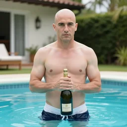 bald emilio estevez standing in the water of a pool next to a house with a bottle of champain in the hands