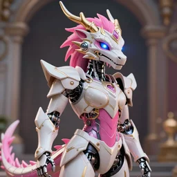 highly detailed exquisite lgbt transgender gay trans fanart, a cute gay robot dragon, glowing eyes and robot dragon head, off-white plated armor, bright Fuchsia skin, royal elegant pose, epic cinematic shot, realistic, professional digital art, high end digital art, sci fi, DeviantArt, artstation, Furaffinity, 8k HD render, epic lighting, depth of field