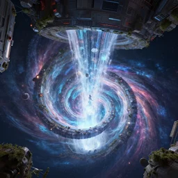 the machine universe encounters a living cosmos inside an asymmetric orthogonal non - euclidean upside down inside out world with an infinite cosmic spiral waterfall of living information, inspired by android jones, hyperrealistic, futuristic sci - fi concept art, rendered in cinema 4 d, 8 k