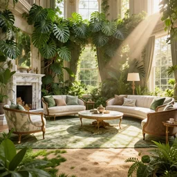 estate agent photo of a trendy living room of an old stately home, marble, antique furniture, unreal engine, overgrown with monstera, grass, sand, sun rays, lush carpet, warm light, sparkling, glisten, beautiful, reflections, artstation