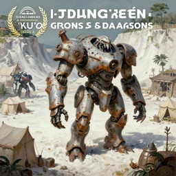 mecha creatures in a merchant town, tents, matte oil painting, retrofuturistic, concept art, quarrying, science fantasy, mutant, lgbt, queer, rpg, epic, rusted, white salt, badlands, jungles, dungeons & dragons, sacred, sharp focus, award - winning, extremely detailed, 4 k, 8 k