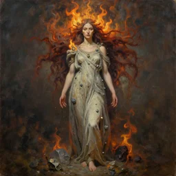 oil on canvas | full body portrait | dressed in long rags with minerals, fire in your hair, ethereal, biblically accurate goddess, multidimensional, tiny gold embellishments on the face, octane render, devianart, fine art, intrincate. by peter mohrbacher, marc simonetti, anna podedwor