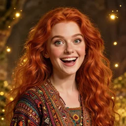 a totally amazed smiling pretty supermario surrounded by golden firefly lights in a mesmerizing scene, fully covering intricate detailed bohemian outfit, long loose red hair, precise linework, accurate green eyes, small nose with freckles, beautiful smooth oval head, expressive emotions, hyper realistic ultrafine portrait by artemisia gentileschi, jessica rossier, greg rutkowski, artgerm