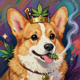 beautiful anime painting of fantasy corgi cannabis king smoking weed, by noah bradley, patrick woodroffe, posuka demizu, qing han, trending on artstation, 8 k, masterpiece, graffiti paint, fine detail, full of color, intricate detail, golden ratio illustration, face enhance