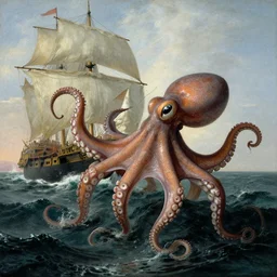 giant scaled octopus attacking a sailing fregate on a crazed ocean, by jmw turner