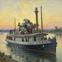detailed close - up of a side view full shot of a spacepunk futuristic neon robotic cyberpunk steamboat in the senna river, people waving, impressionism, oil on canvas, natural colors, horizon, golden hour, masterpiece, detailed, by gustave caillebotte, wlop, mucha, greg rutkowski