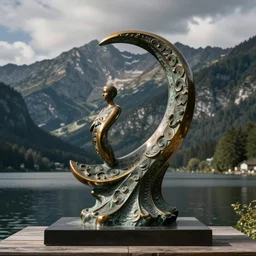 lakeside mountains, bronze sculpture