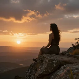 a woman sitting on the edge of a cliff watching the sunset