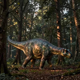 Side view of a brachiosaurus walking along a forest in the early evening, hyperdetailed, artstation, cgsociety, by greg rutkowski, by Gustave Dore