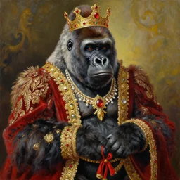 the royal king's gorilla by greg hildebrant lisa frank fancy rococo baroque regal ape oil painting high quality award winning clothed in fancy garb