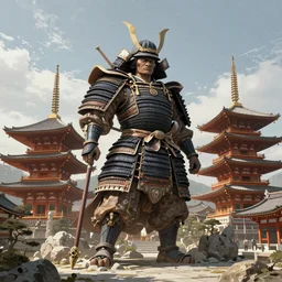 a giant samurai guarding pagoda temple, concept art