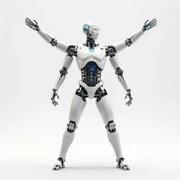 beautiful centered fine art photo of vitruvian man as a solarpunk robotic humanoid, white mechanical parts with led lights, bouguereau style pose, photorealistic, white background, highly detailed and intricate, soft box lighting, hdr 8 k