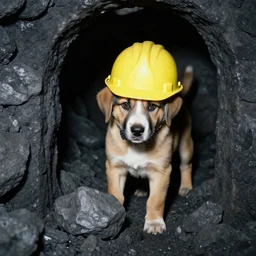 puppy working in a coal mine, wearing hard hat, photo from 1 9 9 9,
