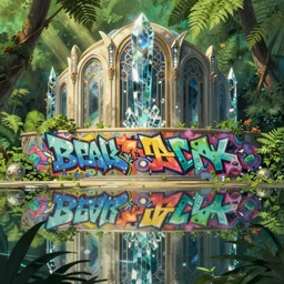 Horizontal view, graffiti, animation concept art, Breath of the wilde, studio ghibli style, Clear reflection, A Luxury Monumental Futuristic graffiti in Art Nouveau Architecture, Crystal clear, sun rays:1.5 Lush vegetation with ferns, miyazaki, Craig Mullins dappled lighting, octane render, cinematic, photographic, realistic, highly detailed