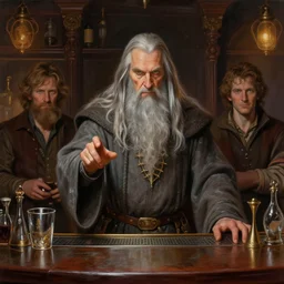 digital painting of gandalf as a bartender in a bar by darek zabocki, tom bagshaw and jordan grimmer, intricate, detailed