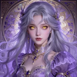 masterpiece ultra realistic illustration of a magical girl with silver hair and big gold eyes, dreamy and ethereal, lavender tones, ornate dress, intricate, dramatic, cinematic, fantasy, highly detailed, smooth, sharp focus. in the style of artgerm and alphonse mucha, artstation trending.