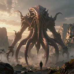 a photorealistic hyperrealistic render of a giant monstrous lovecraftian tentacled creature, towering over a mountains background, by pixar, greg rutkowski, wlop, artgerm, epic fantasy dramatic moody dawn lighting, long shadows, volumetric, cinematic atmosphere, octane render, artstation, 8 k
