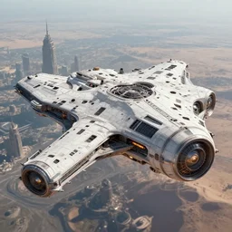 spaceship from the movie dune, 2 0 2 1 cinematic 4 k framegrab, intricate abstract spaceship floating detailed docking ports. flying above a cityscape
