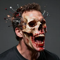 uhd hyperrealistic photorealisitc hyperdetailed detailed adam sandler head exploding, skull exposed, puking blood, screaming, with sparking circuits, studio lighting, by ayami kojima amano karol bak, greg hildebrandt and mark brooks