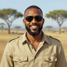 afrikaans man smiling with beard wearing sunglasses and khaki shirt, portrait painting by martine johanna, rossdraws, ross tran, gta v style, bushveld background
