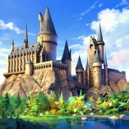 harry potter universe landscape, hogwarts, anime, colorful, vibrant, 8 k