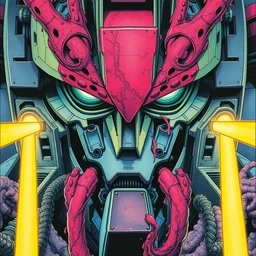 risograph grainy painting of gigantic huge evangelion - like gundam mech face with a lot of details and lasers covered ooze, by moebius and dirk dzimirsky and satisho kon, close - up wide portrait