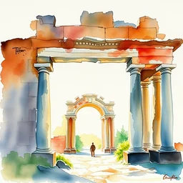 small centered on watercolor paper, paint brush strokes, abstract watercolor painting of ancient roman arcs in bright daylight, cinematic light, national romanticism by hans dahl, by jesper ejsing, by anders zorn, by greg rutkowski, by greg manchess, by tyler edlin