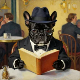 a portrait picture of a black french bulldog wearing a dinner jacket wearing a hat and reading glasses, sitting at a table at a crowded french cafe classic oil painting by salvador dali