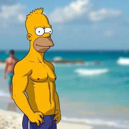 professional photo of bart simpsonwith muscular fit body and very very very chad face, on the beach at noonday, blur background, high details, original simpsons cartoon style