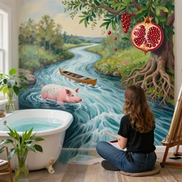 a female art student in her apartment with a river flowing through the wall, bath, plants in glass vase, water, river, rapids, pig, buttress tree roots, canoe, pomegranate, berries dripping, acrylic on canvas, surrealist, by magritte and monet