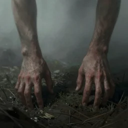 hands sticking out of the ground. gloomy surroundings. misty background. atmospheric light. digital fantasy art by gustave dore.