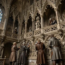 medieval craftsmen working on a medieval building, hypermaximalistic, high details, cinematic, 8k resolution, beautiful detailed, insanely intricate details, artstation trending, octane render, unreal engine