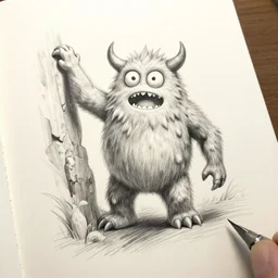 a pencil sketch of a monster is climbing outside the paper towards the viewer of the photo, 3d art