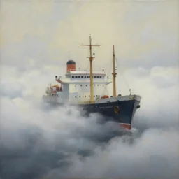 painting of a ship drifting amongst the clouds and fog