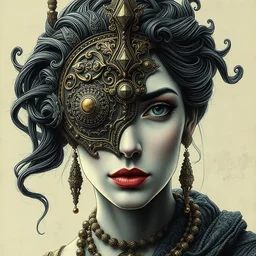 woman portrait, head on face, foreground, coherence volumetric, wearing a carved half mask with incrustations, astral godness vishnu, ethereal, elements, baroque, rococo, ink, tarot card enviromet, cinematics lights, detailed, intricate illustration, octane render, golden ratio, fine art by peter mohrbacher & marc simonetti